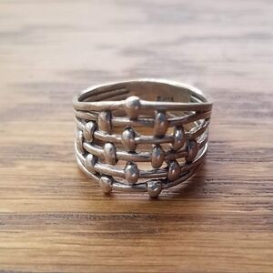 Signed Sterling Silver 925 Vintage Modernist Woven Basket Bead Thick Band Ring 7